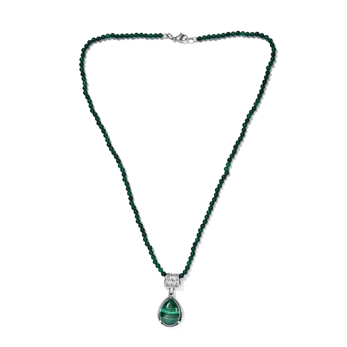 African Malachite Pendant With Green Quartzite Bead Necklace 20 Inches in Stainless Steel 69.40 ctw image number 0