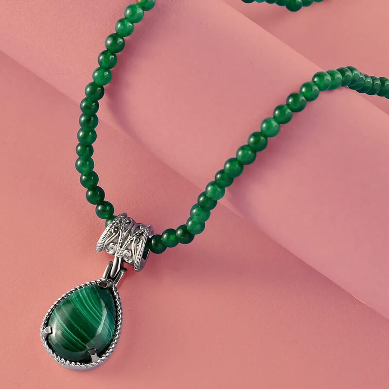 African Malachite 69.40 ctw Pendant With Green Quartzite Bead Necklace 20 Inches in Stainless Steel