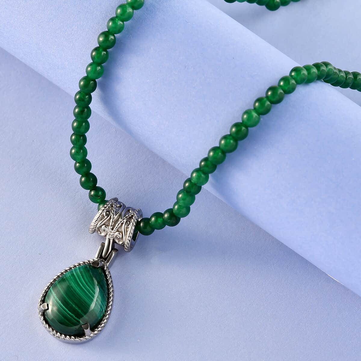 African Malachite Pendant With Green Quartzite Bead Necklace 20 Inches in Stainless Steel 69.40 ctw image number 1