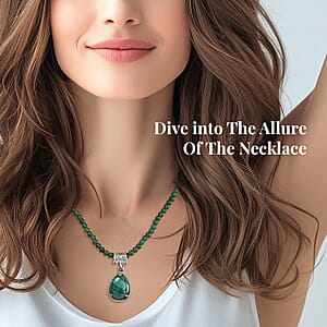 African Malachite 69.40 ctw Pendant With Green Quartzite Bead Necklace 20 Inches in Stainless Steel