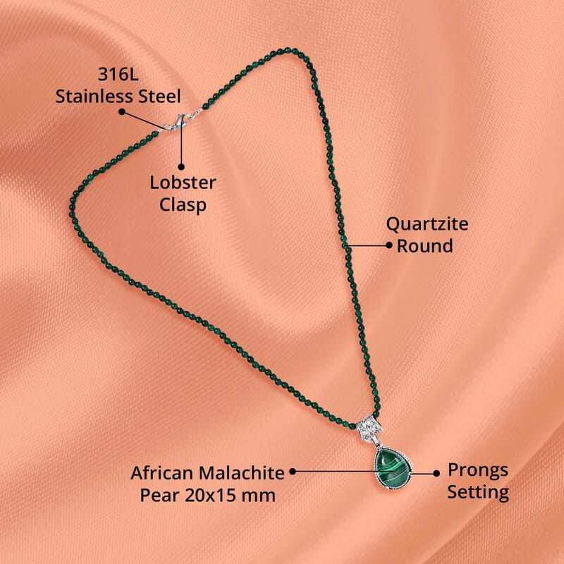 African Malachite 69.40 ctw Pendant With Green Quartzite Bead Necklace 20 Inches in Stainless Steel