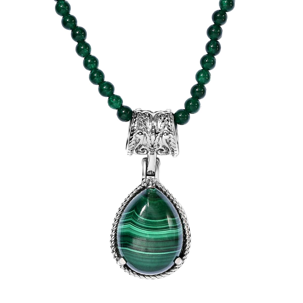 African Malachite Pendant With Green Quartzite Bead Necklace 20 Inches in Stainless Steel 69.40 ctw image number 4