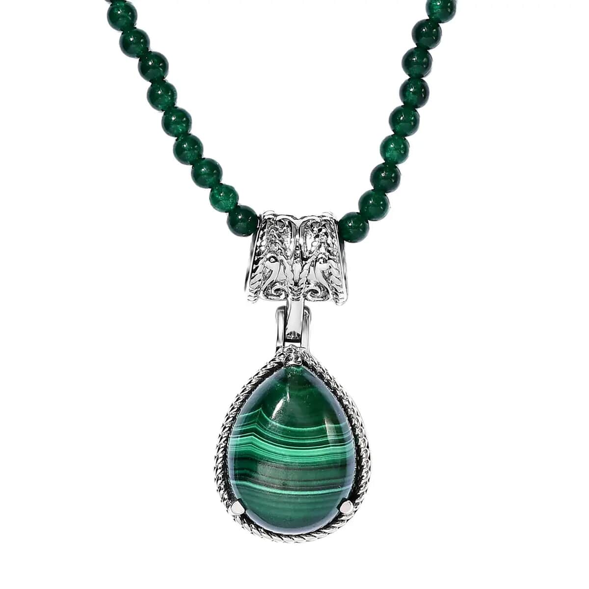 African Malachite 69.40 ctw Pendant With Green Quartzite Bead Necklace 20 Inches in Stainless Steel image number 8