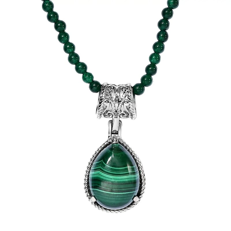 African Malachite 69.40 ctw Pendant With Green Quartzite Bead Necklace 20 Inches in Stainless Steel