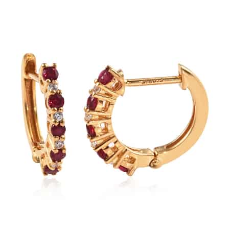 Premium Mundarara Ruby and White Zircon Hoop Earrings in Vermeil Yellow Gold Over Sterling Silver 0.60 ctw image number 0