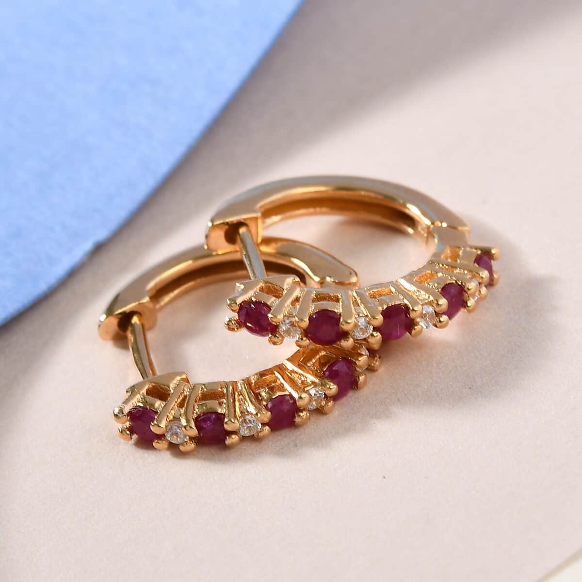 Premium Mundarara Ruby and White Zircon Hoop Earrings in Vermeil Yellow Gold Over Sterling Silver 0.60 ctw image number 1