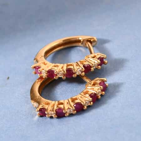 Premium Mundarara Ruby and White Zircon Hoop Earrings in Vermeil Yellow Gold Over Sterling Silver 0.60 ctw image number 2