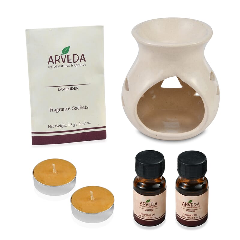 Arveda Lavender Fragrance Set (Ceramic Aroma Oil Burner, 2x Fragrance Oils, 2 Tea Light Candles, & Fragrance Sachet)