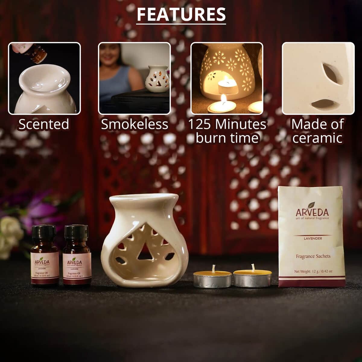 ARVEDA Lavender Fragrance Gift Set (Ceramic Aroma Oil Burner, 2x Fragrance Oils, 2 Tea Light Candles, & Fragrance Sachet) image number 2