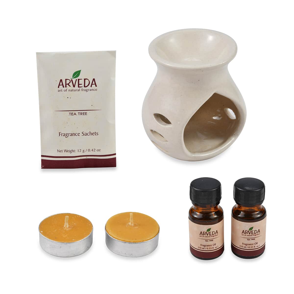 Arveda Tea Tree Fragrance Set (Ceramic Aroma Oil Burner, 2x Fragrance Oils, 2 Tea Light Candles, & Fragrance Sachet) image number 0
