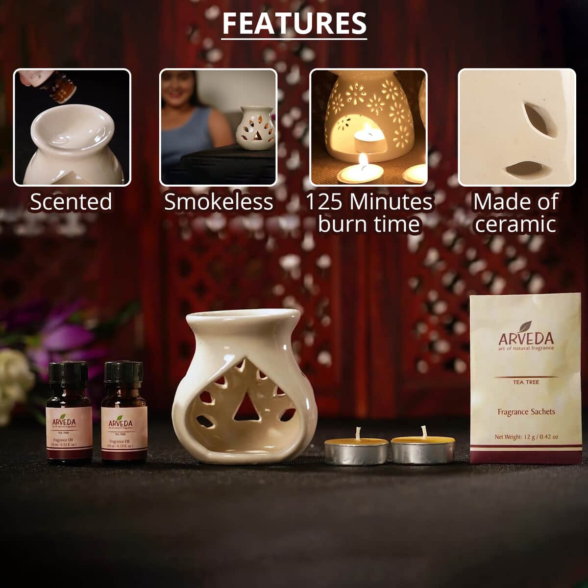 Arveda Tea Tree Fragrance Set (Ceramic Aroma Oil Burner, 2x Fragrance Oils, 2 Tea Light Candles, & Fragrance Sachet) image number 2