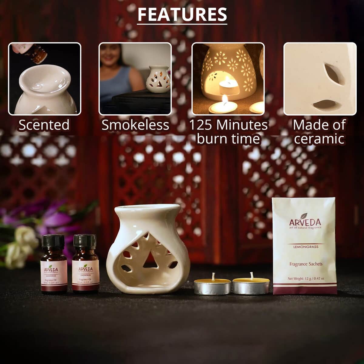 Arveda Lemongrass Fragrance Set (Ceramic Aroma Oil Burner, 2x Fragrance Oils, 2 Tea Light Candles, & Fragrance Sachet) image number 2