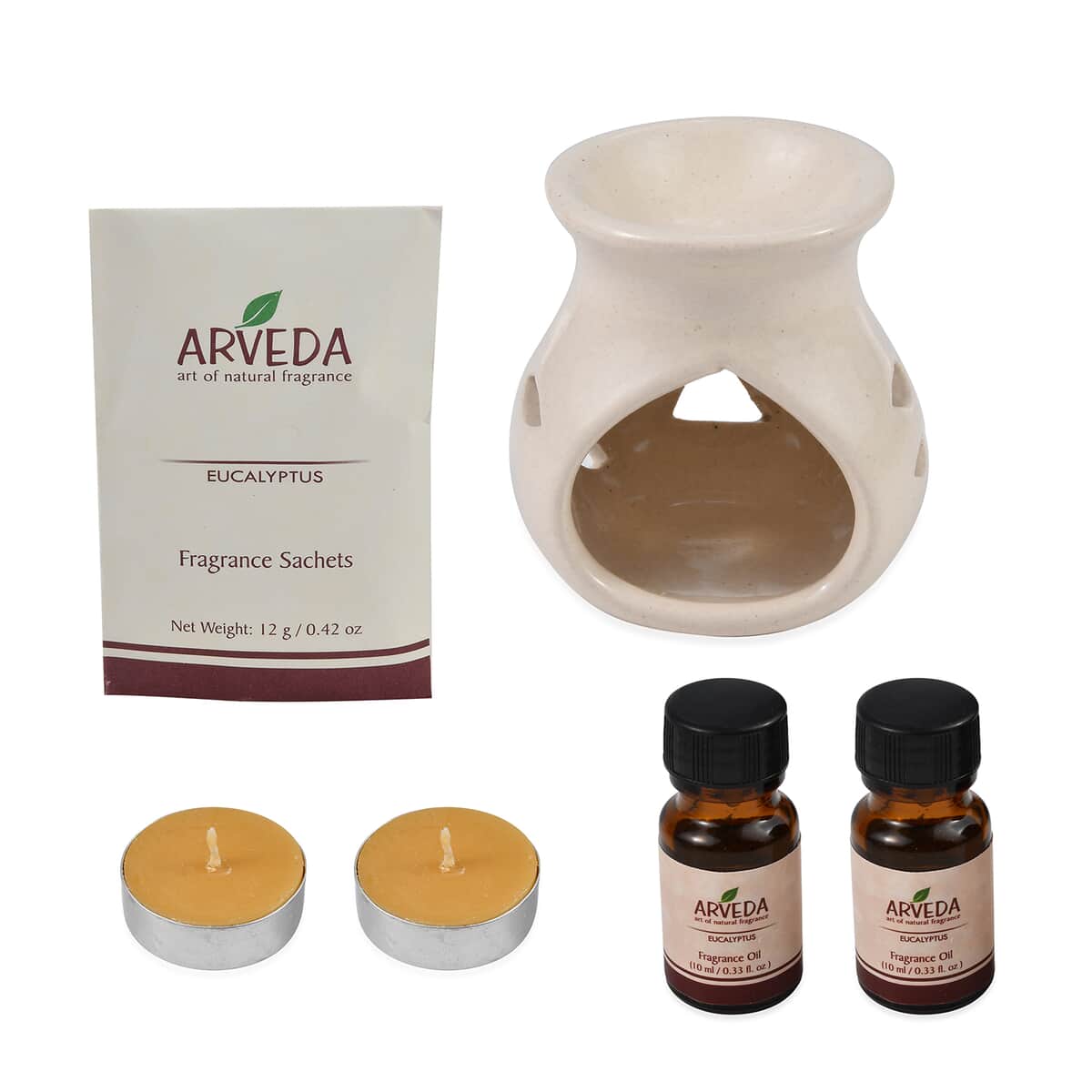 Arveda Eucalyptus Fragrance  Set (Ceramic Aroma Oil Burner, 2x Fragrance Oils, 2 Tea Light Candles, & Fragrance Sachet) image number 0