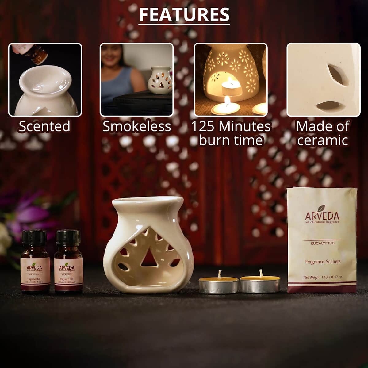 Arveda Eucalyptus Fragrance  Set (Ceramic Aroma Oil Burner, 2x Fragrance Oils, 2 Tea Light Candles, & Fragrance Sachet) image number 2