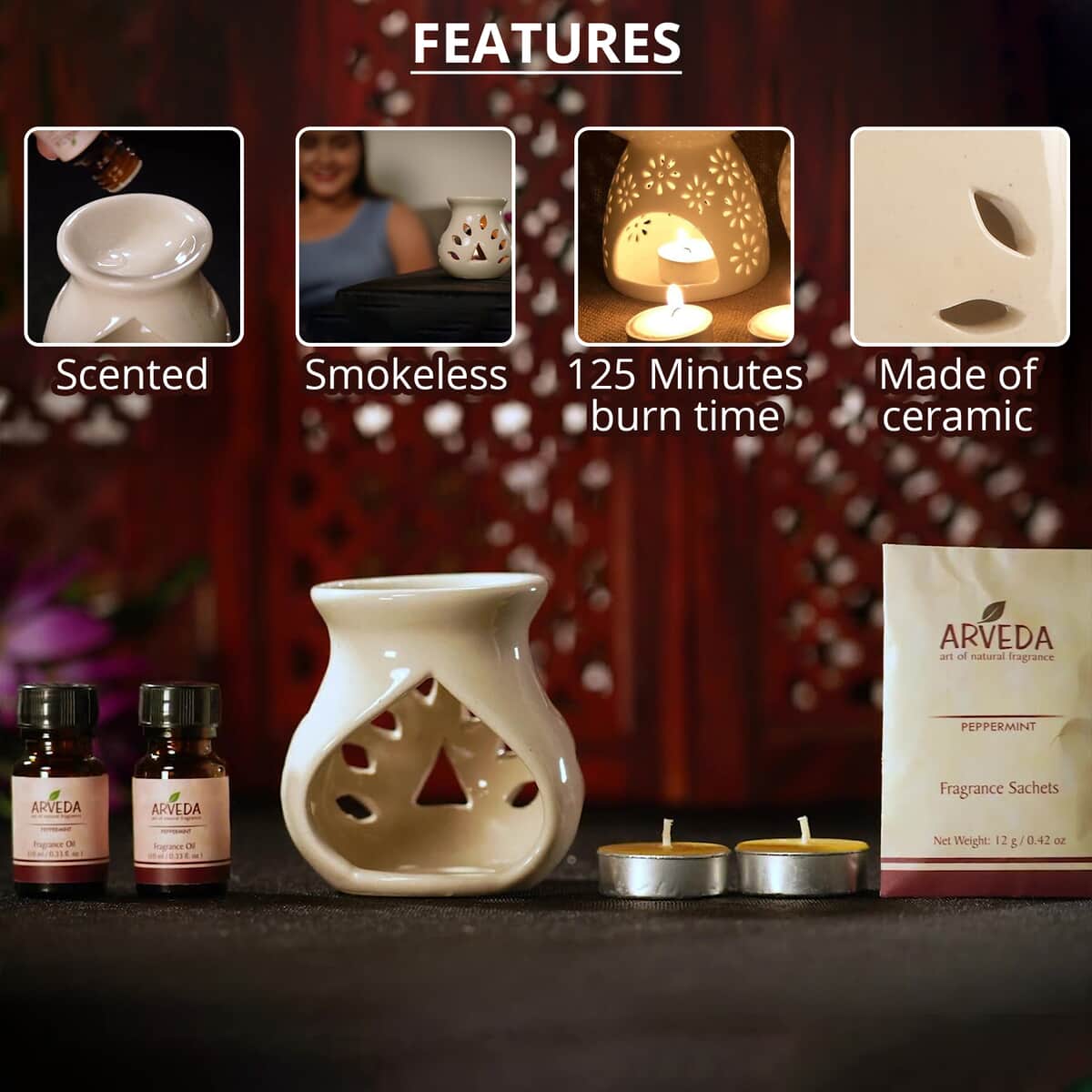 Arveda Peppermint Fragrance Gift Set (Ceramic Aroma Oil Burner, 2x Fragrance Oils, 2 Tea Light Candles, & Fragrance Sachet) image number 2