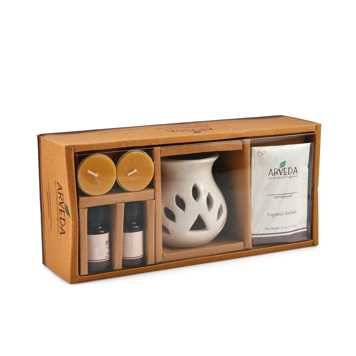Arveda Peppermint Fragrance Gift Set (Ceramic Aroma Oil Burner, 2x Fragrance Oils, 2 Tea Light Candles, & Fragrance Sachet) image number 6