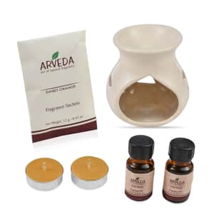 Arveda Sweet Orange Fragrance Gift Set (Ceramic Aroma Oil Burner, 2x Fragrance Oils, 2 Tea Light Candles, & Fragrance Sachet)