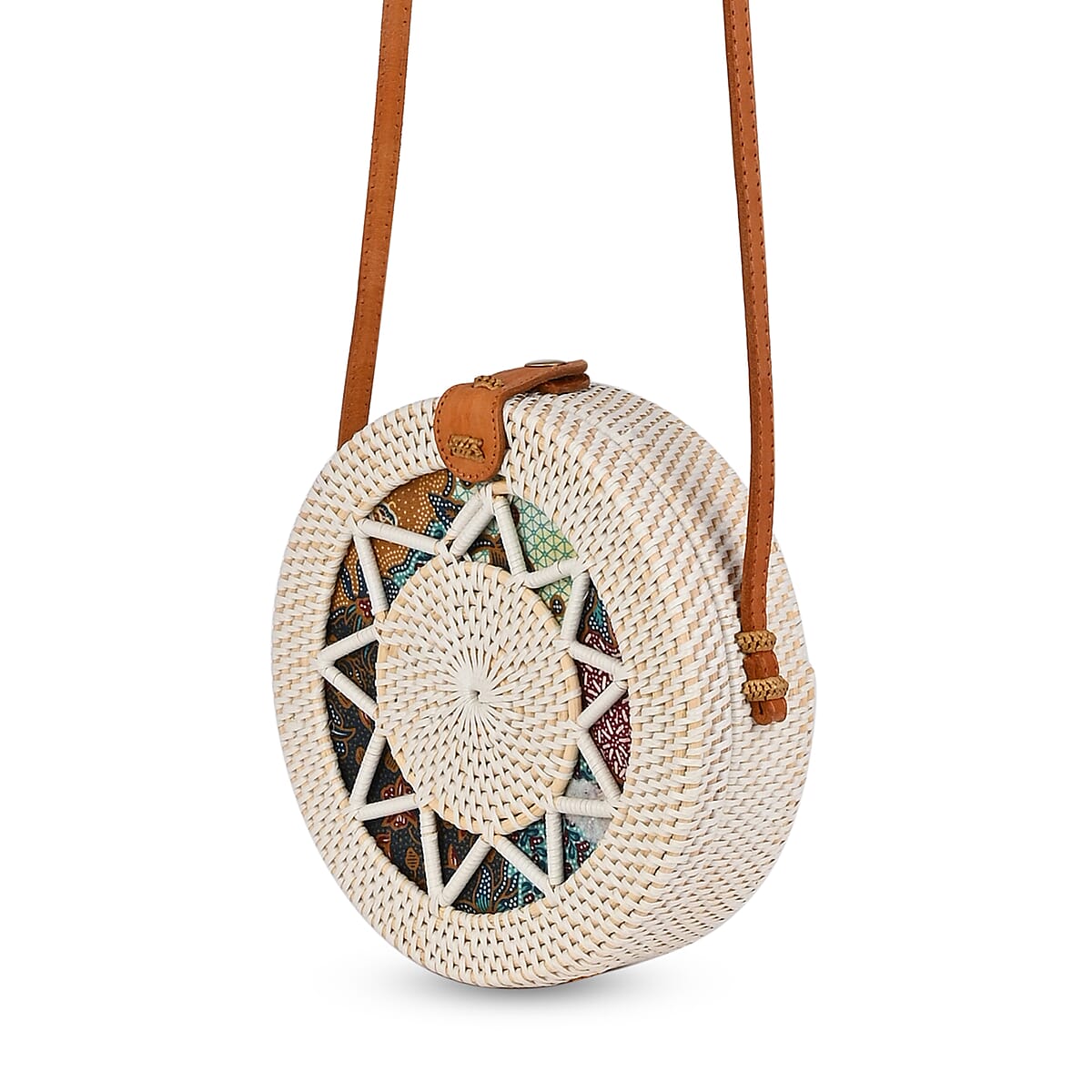Handwoven Cukli Wooden Painted Round Rattan Bag with Leather Shoulder Strap image number 2
