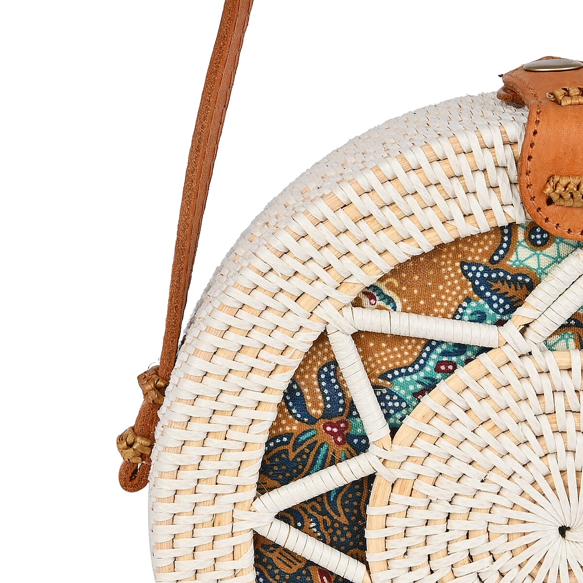 Handwoven Cukli Wooden Painted Round Rattan Bag with Leather Shoulder Strap image number 3