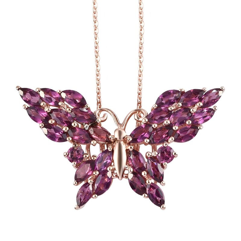 Orissa Rhodolite Garnet Butterfly Pendant Necklace 20 Inches in Vermeil Rose Gold Over Sterling Silver 5.35 ctw
