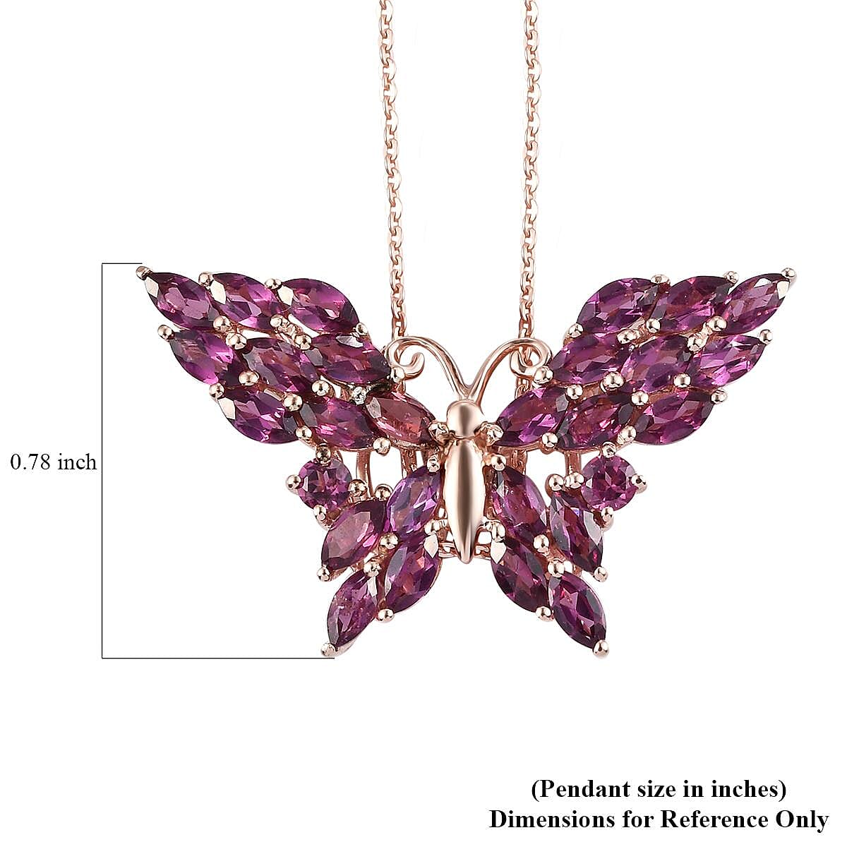 Orissa Rhodolite Garnet Butterfly Pendant Necklace 20 Inches in Vermeil Rose Gold Over Sterling Silver 5.35 ctw