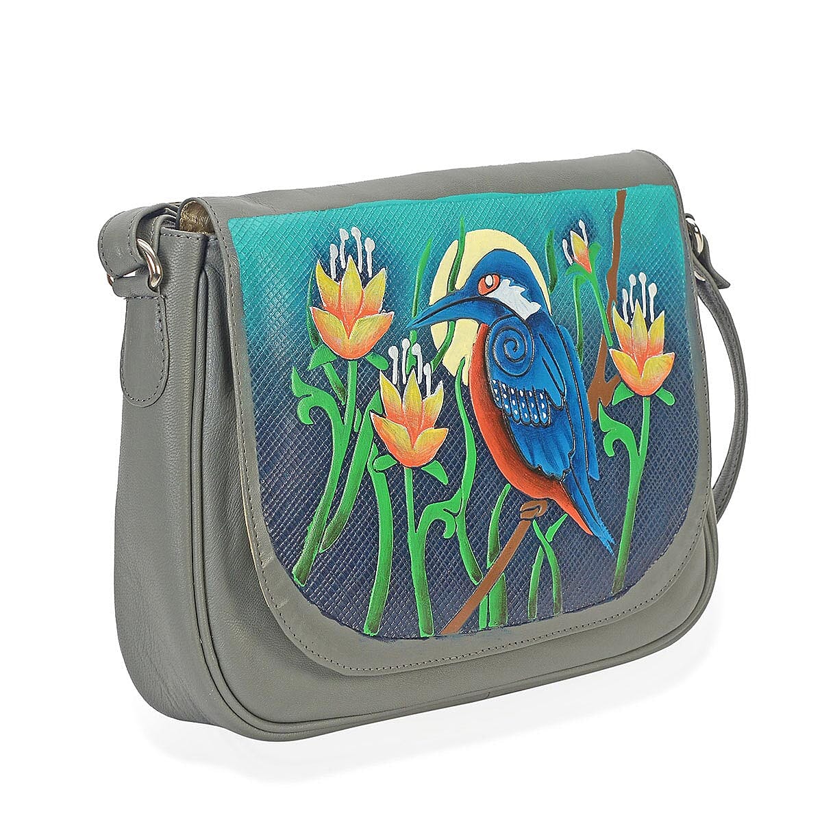 VIVID by SUKRITI - Gray Hummingbird Hand Painted 100% Genuine Leather Crossbody Bag | Designer Crossbody Bag Purse | Leather Handbags image number 1