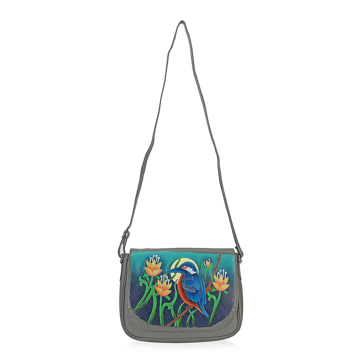 VIVID by SUKRITI - Gray Hummingbird Hand Painted 100% Genuine Leather Crossbody Bag | Designer Crossbody Bag Purse | Leather Handbags image number 2