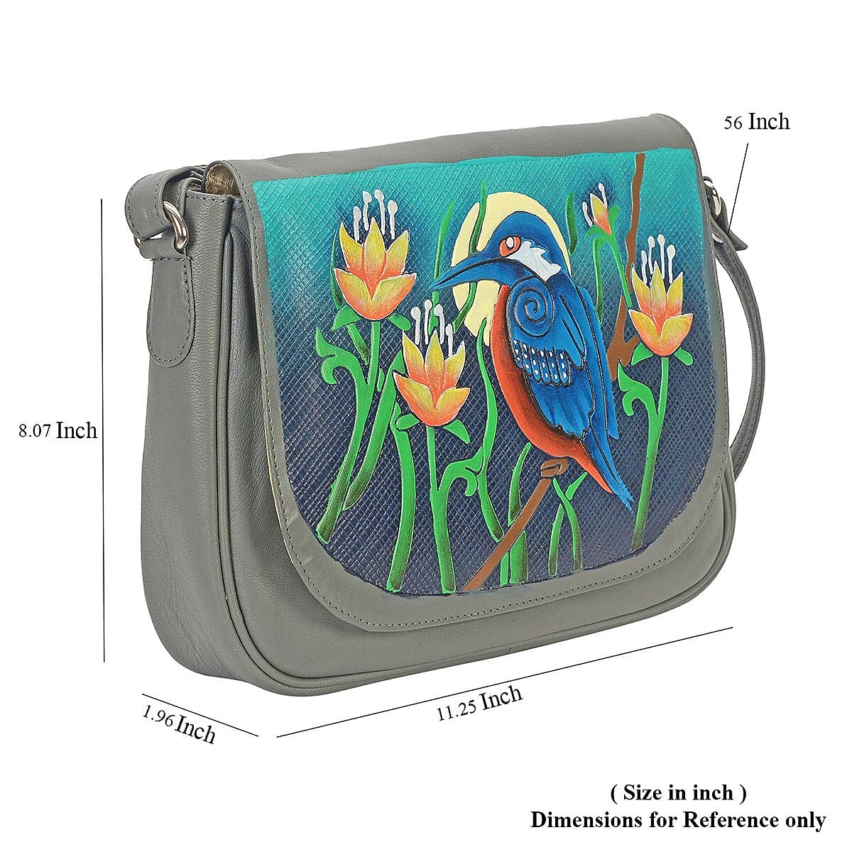 VIVID by SUKRITI - Gray Hummingbird Hand Painted 100% Genuine Leather Crossbody Bag | Designer Crossbody Bag Purse | Leather Handbags image number 6