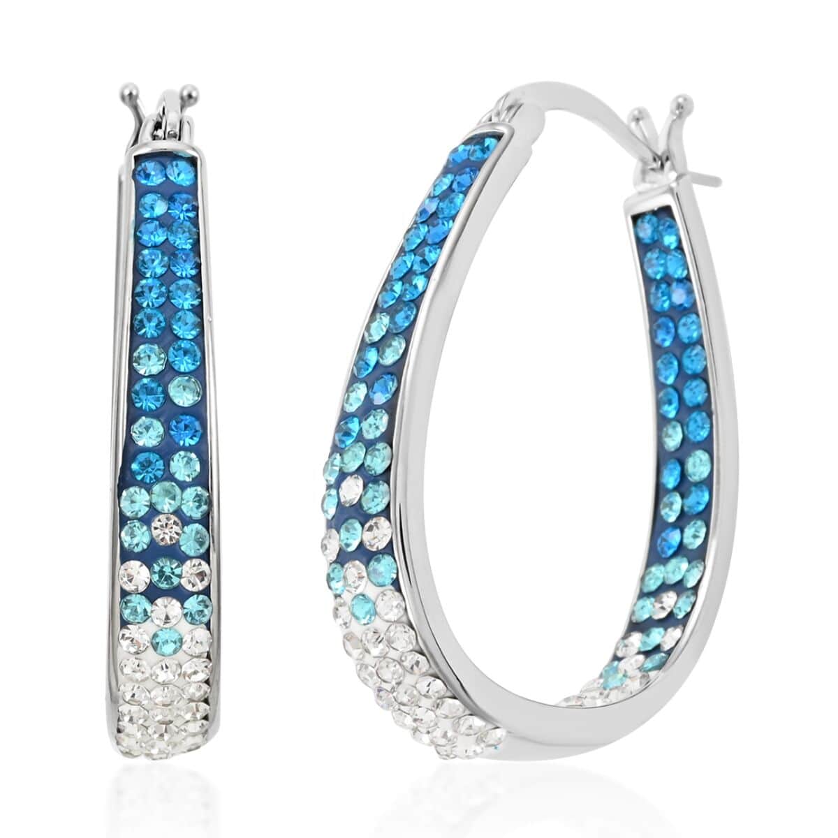 Austrian White Crystal Blue Crystal Earrings in Silvertone, Inside Out Hoops For Women image number 0