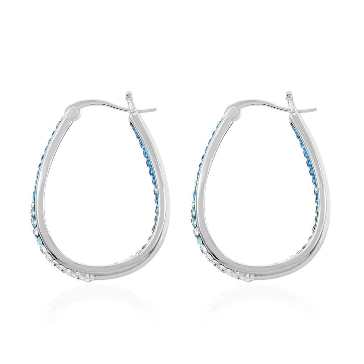 Austrian White Crystal Blue Crystal Earrings in Silvertone, Inside Out Hoops For Women image number 3