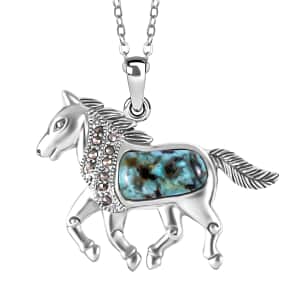 Santa Fe Style Turquoise and Swiss Marcasite Pendant 18 Inches in Sterling Silver and Stainless Steel 1.35 ctw