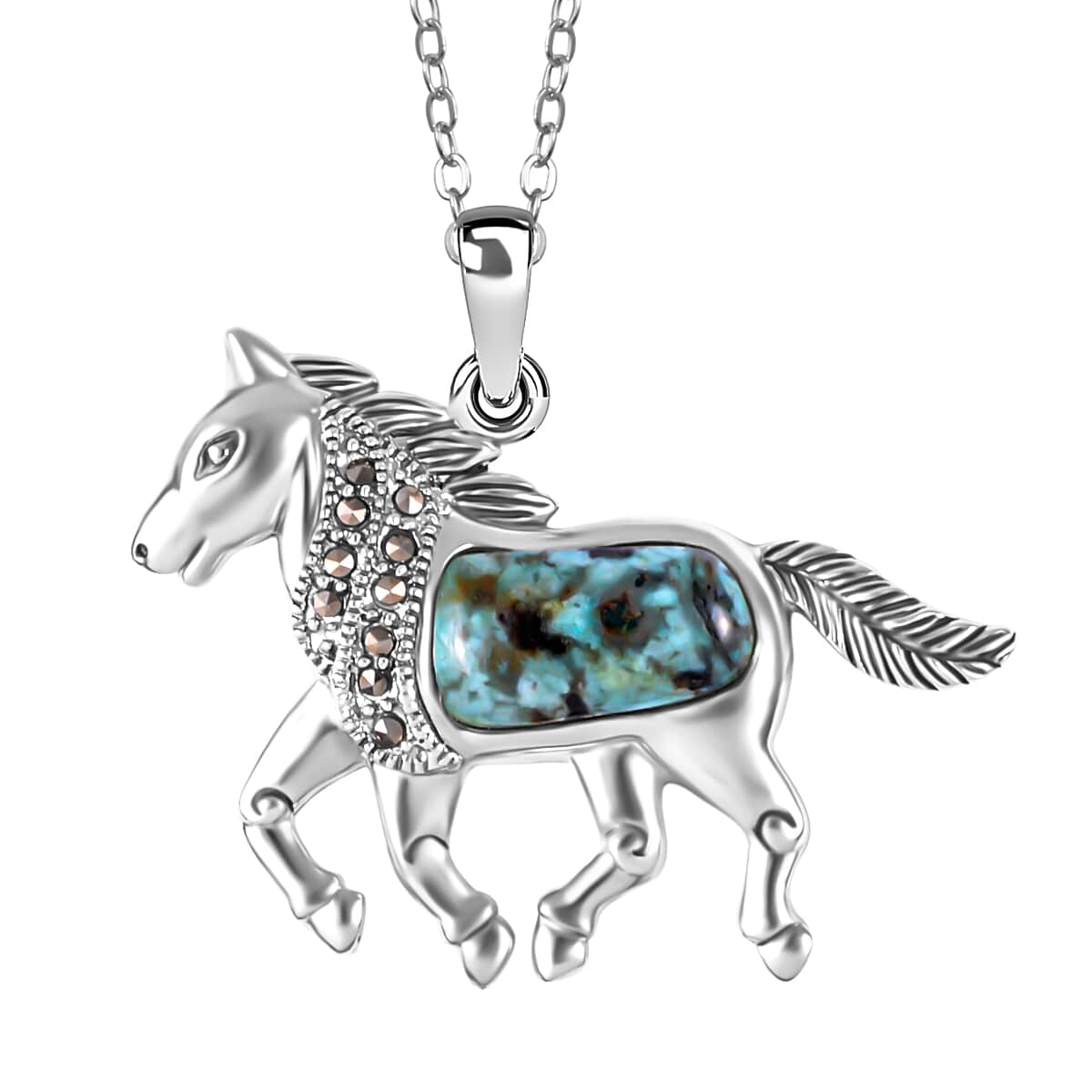 1.35 ctw Turquoise and Swiss Marcasite Pendant Necklace 18 Inches in Sterling Silver and Stainless Steel image number 0