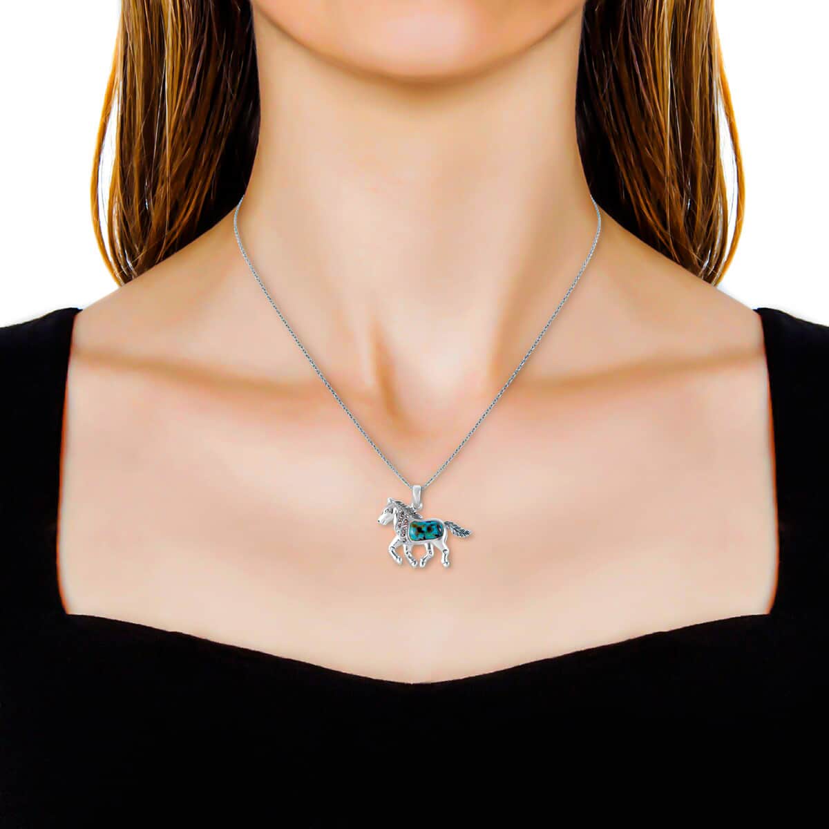 1.35 ctw Turquoise and Swiss Marcasite Pendant Necklace 18 Inches in Sterling Silver and Stainless Steel image number 1