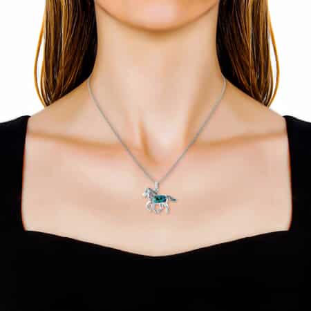 1.35 ctw Turquoise and Swiss Marcasite Pendant Necklace 18 Inches in Sterling Silver and Stainless Steel image number 1