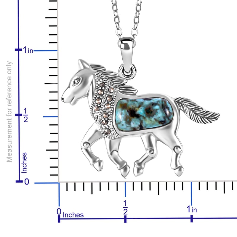 Santa Fe Style Turquoise and Swiss Marcasite Pendant 18 Inches in Sterling Silver and Stainless Steel 1.35 ctw