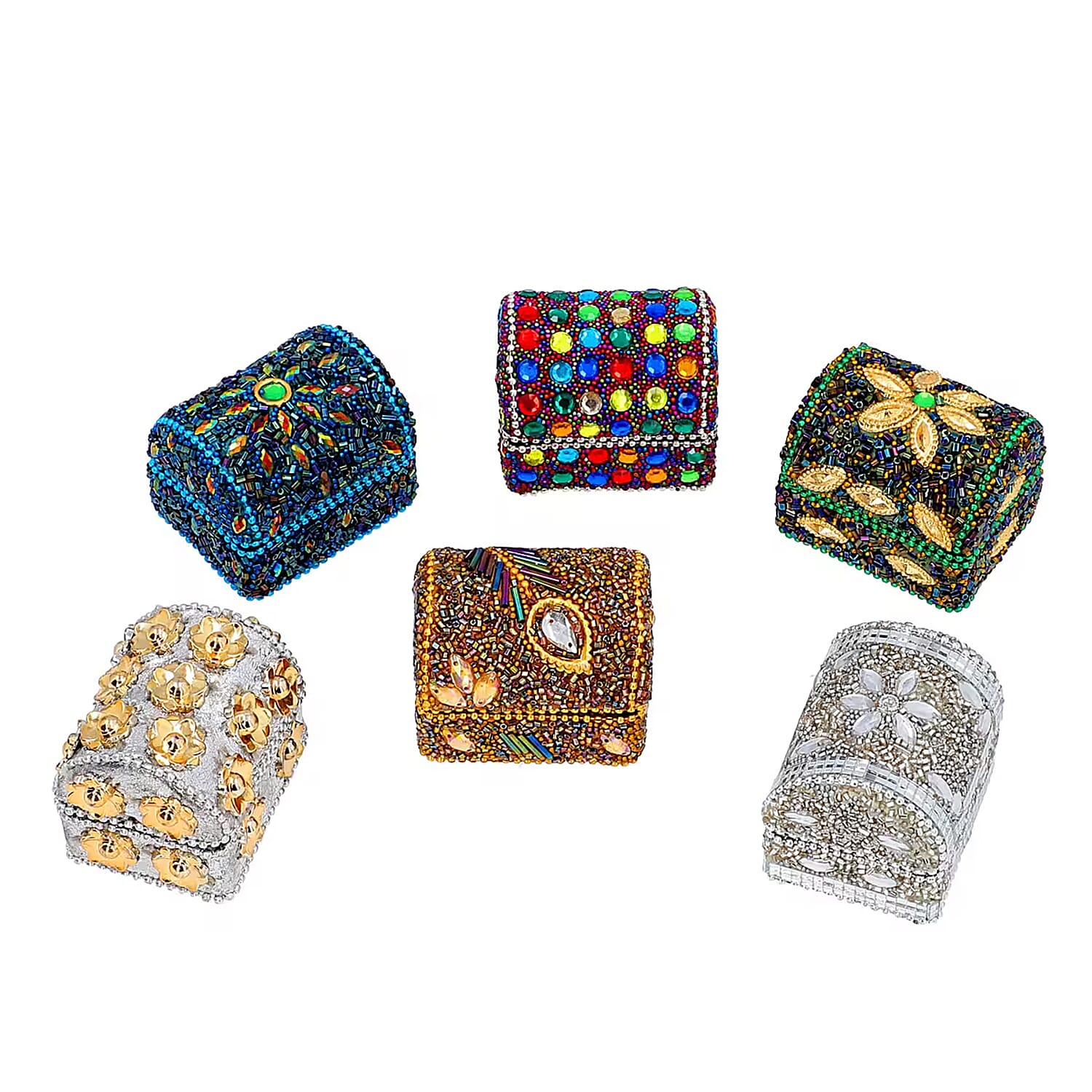 Set of 6 Handcrafted Multicolor Beads Decorated Mini Wooden Treasure Chest Box