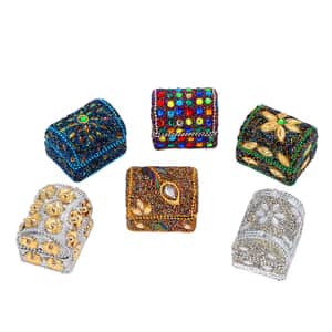 Set of 6 Handcrafted Multicolor Beads Decorated Mini Wooden Treasure Chest Box