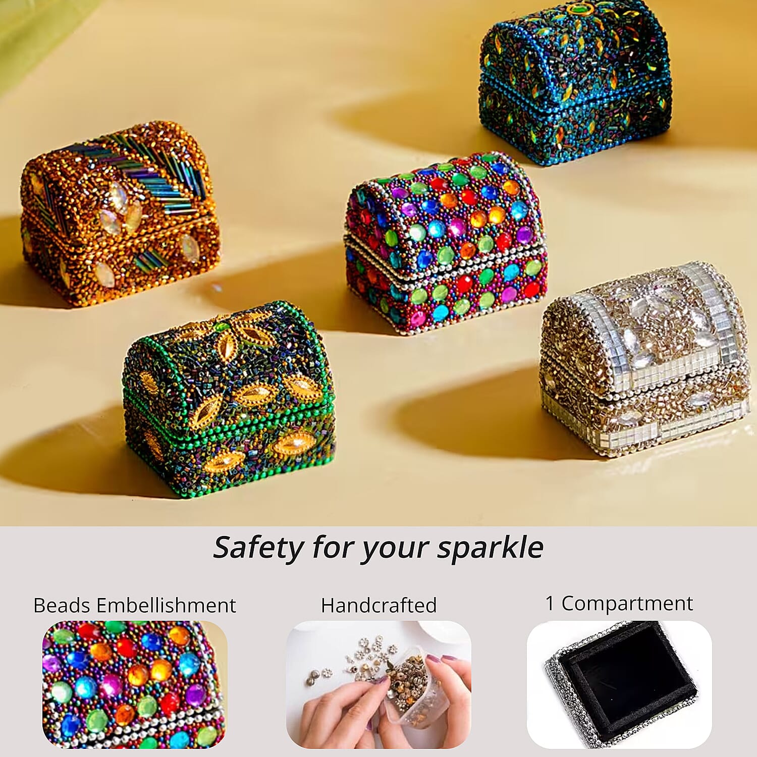 Set of 6 Handcrafted Multicolor Beads Decorated Mini Wooden Treasure Chest Box