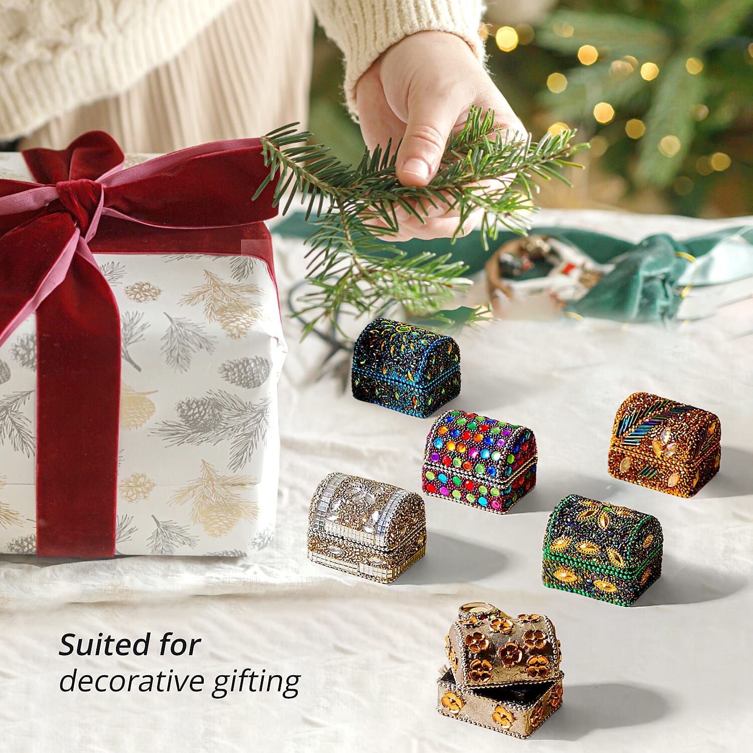 Set of 6 Handcrafted Multicolor Beads Decorated Mini Wooden Treasure Chest Box