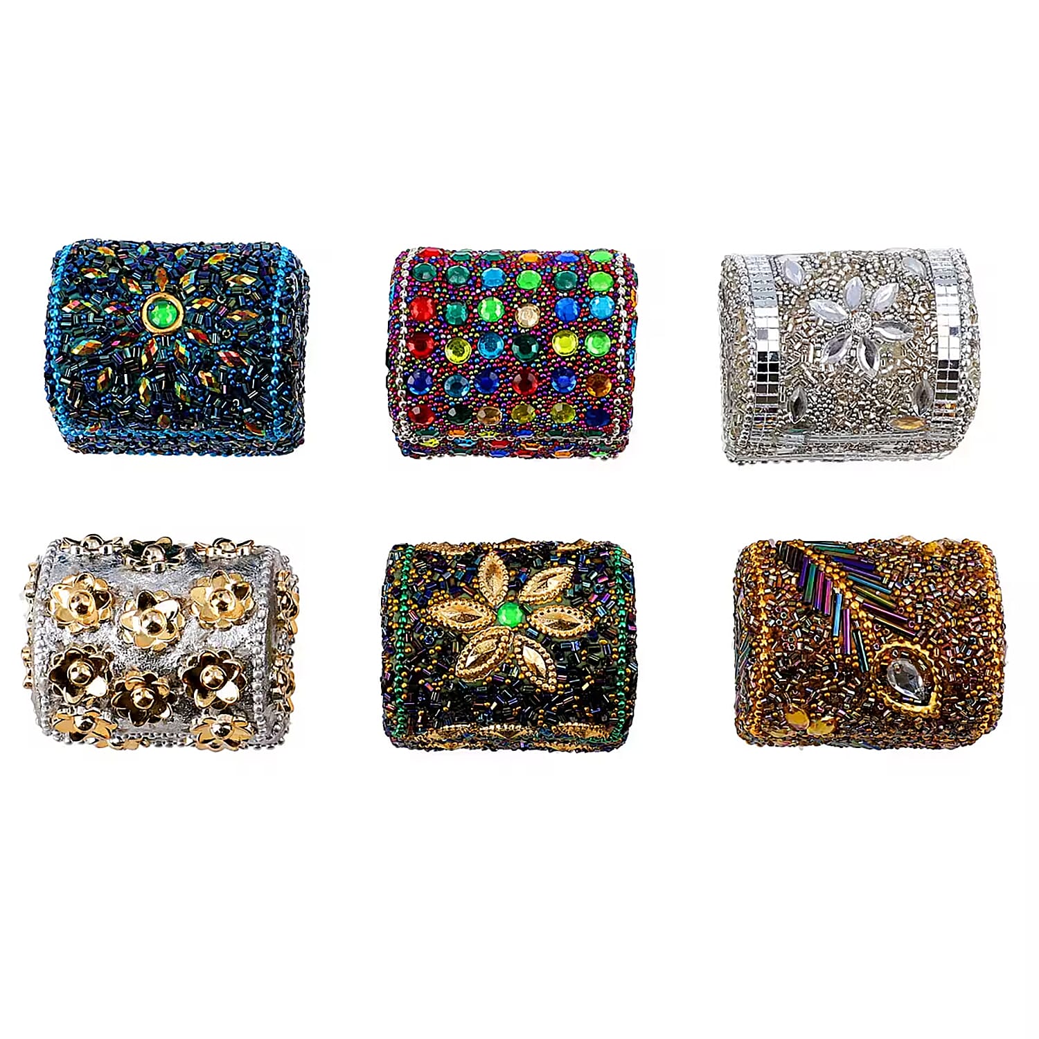 Set of 6 Handcrafted Multicolor Beads Decorated Mini Wooden Treasure Chest Box