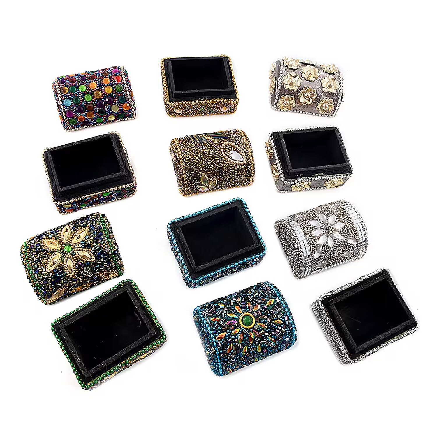 Set of 6 Handcrafted Multicolor Beads Decorated Mini Wooden Treasure Chest Box