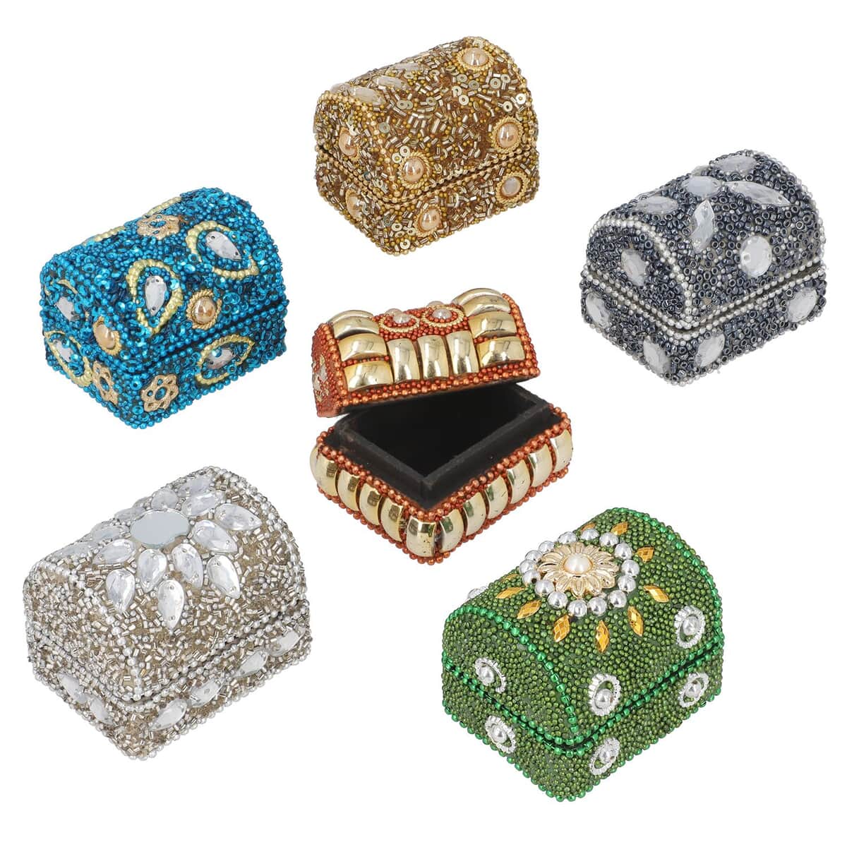 Handcrafted Set of 6 Solid color Treasure Chest Mini Wooden Box Gemstone Beads Decorations Small Jewelry Keepsake Boxes image number 0