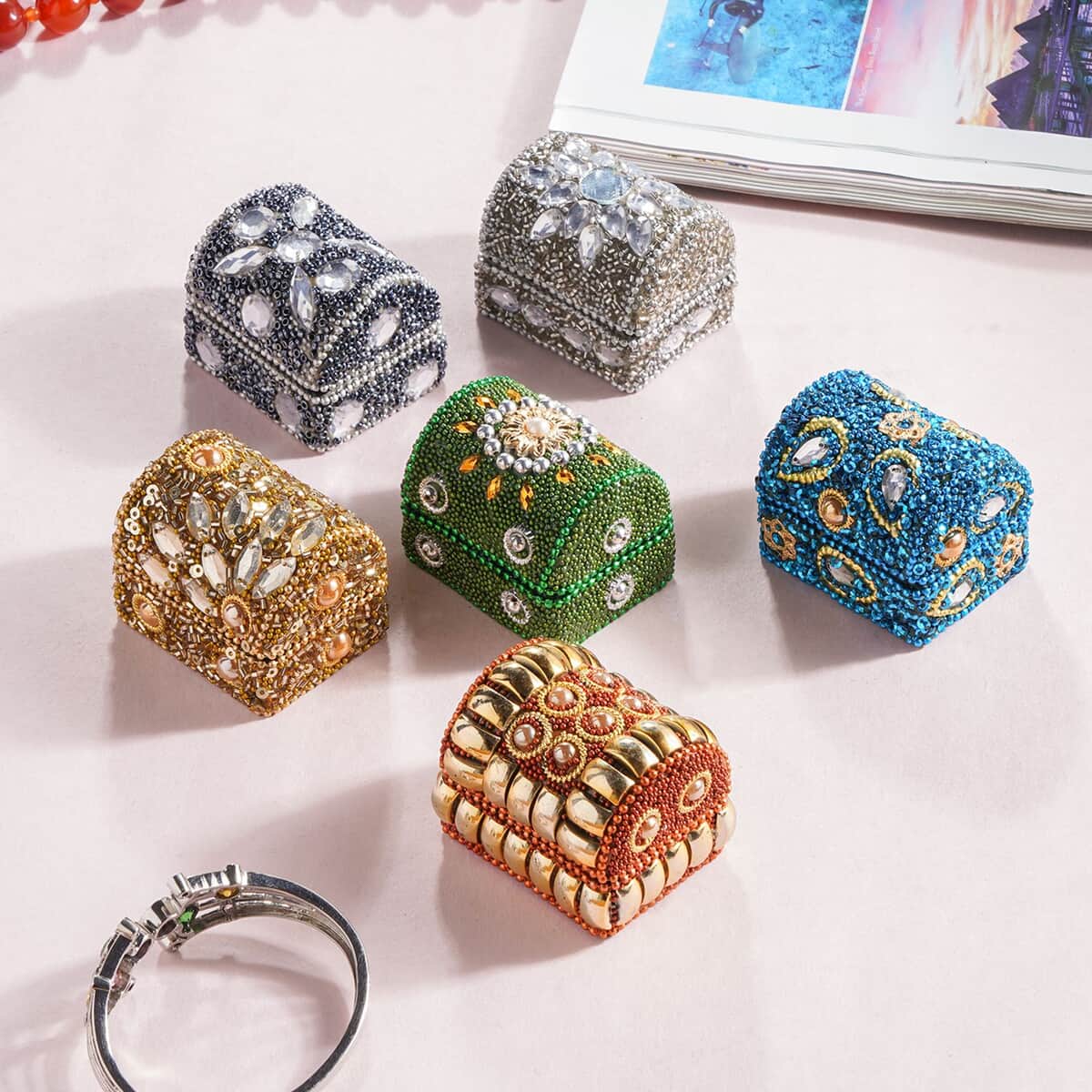 Handcrafted Set of 6 Solid color Treasure Chest Mini Wooden Box Gemstone Beads Decorations Small Jewelry Keepsake Boxes image number 1