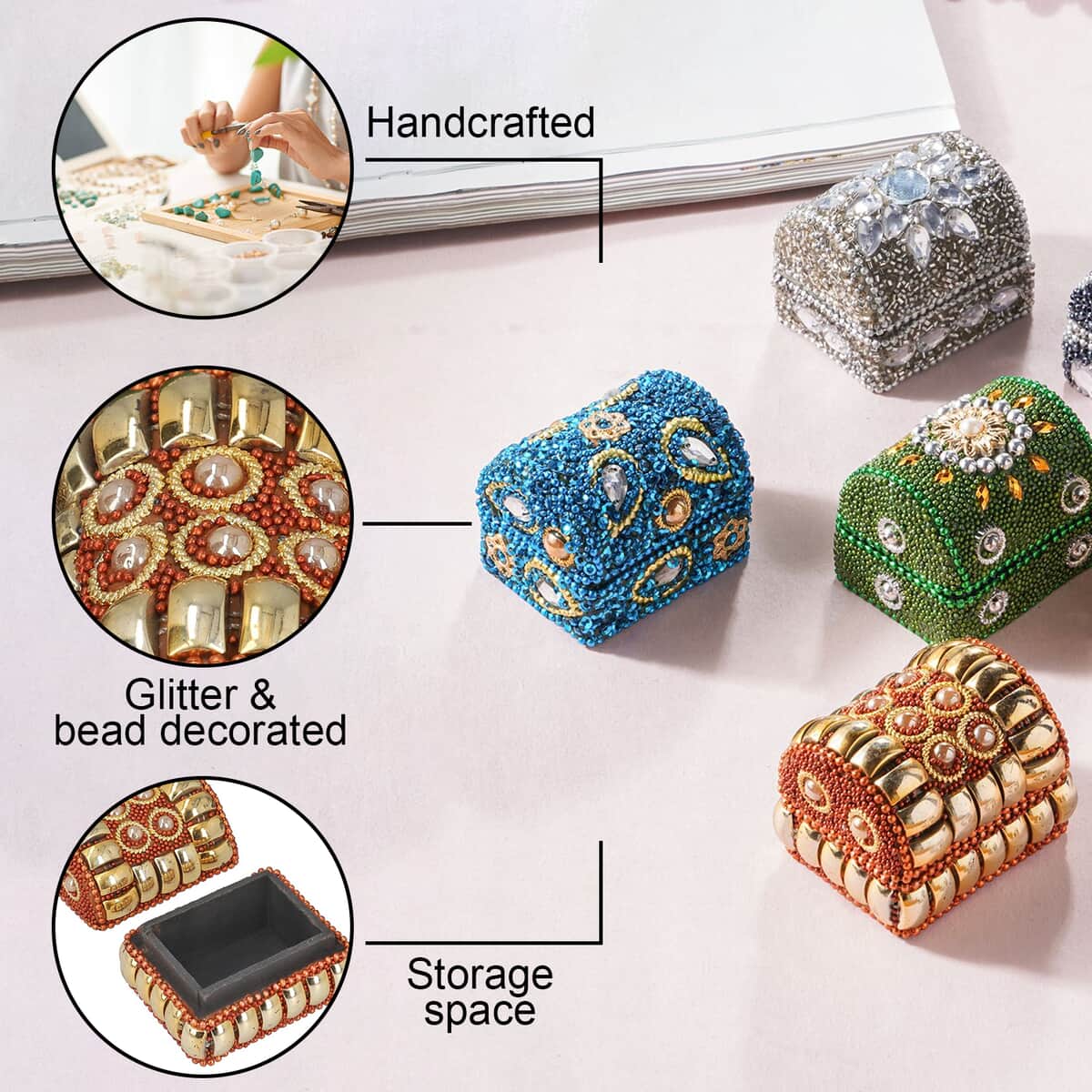 Handcrafted Set of 6 Solid color Treasure Chest Mini Wooden Box Gemstone Beads Decorations Small Jewelry Keepsake Boxes image number 2
