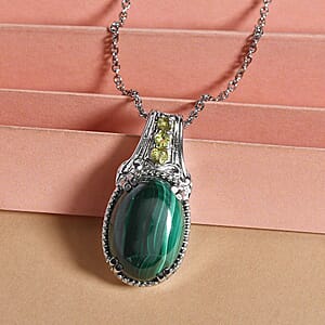 African Malachite Pendant Necklace in Stainless Steel, Peridot Necklace For Women (20 Inches) 13.00 ctw