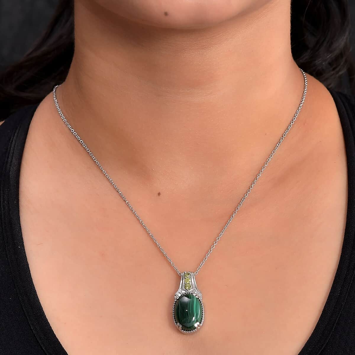 African Malachite Pendant Necklace in Stainless Steel, Peridot Necklace For Women (20 Inches) 13.00 ctw image number 2
