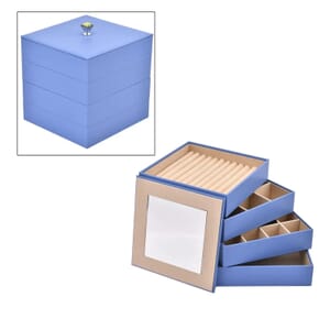 Blue Faux Leather 4 Tier Stackable Jewelry Organizer with Mirror Lid , Jewelry Storage Box for Women , Jewelry Case , Jewelry Organizer