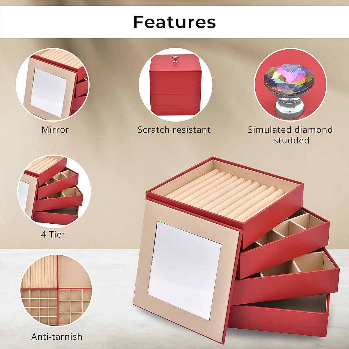 Red Faux Leather 4 Tier Stackable Jewelry Organizer with Mirror Lid, Jewelry Storage Box for Women , Jewelry Case , Jewelry Organizer image number 1