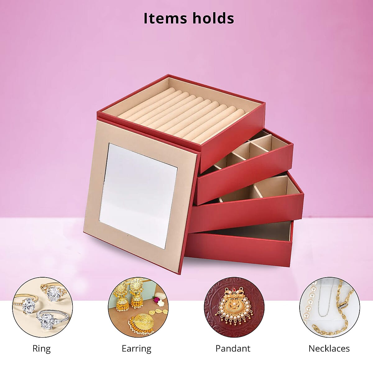 Red Faux Leather 4 Tier Stackable Jewelry Organizer with Mirror Lid, Jewelry Storage Box for Women , Jewelry Case , Jewelry Organizer image number 3