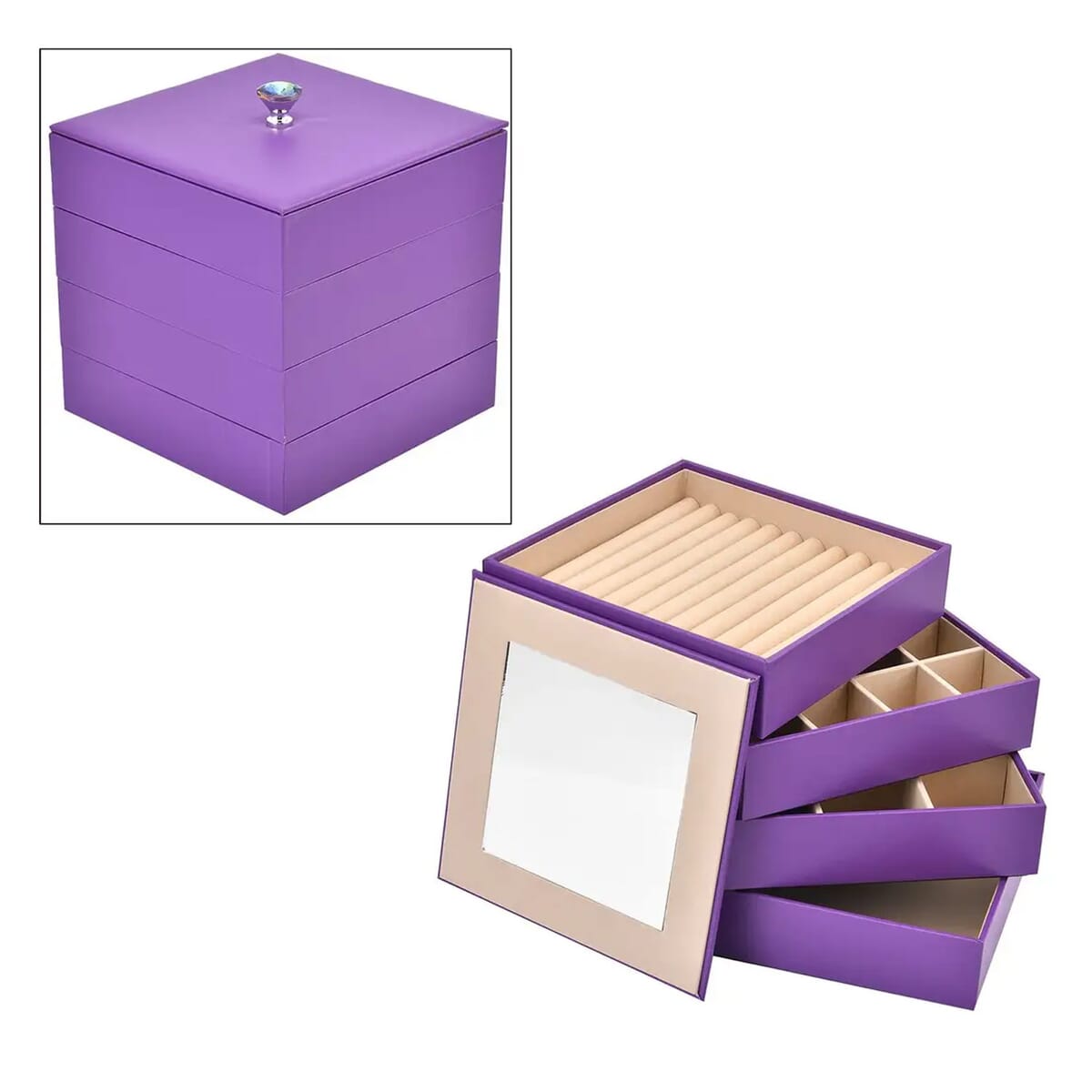 Purple Faux Leather 4 Tier Stackable Jewelry Organizer with Mirror Lid image number 0
